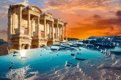 Descubre Éfeso y pamukkale en un día desde izmir, con recogida en hotel, guía privado y almuerzo buffet incluido. explora ruinas antiguas y piscinas termales en esta excursión completa.
