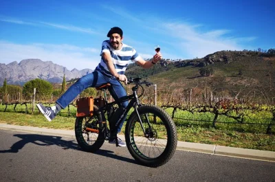 Erkunde franschhoeks weinberge mit dem e-bike und einem lokalen guide. besuche 2-3 weingüter, genieße verkostungen und atemberaubende bergpanoramen. inkl. fahrrad & helm.