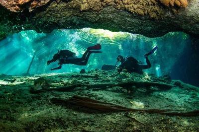 Subacquei certificati esplorano il cenote dos ojos vicino a tulum con due immersioni guidate in caverna, attrezzatura completa, snack e trasporto andata e ritorno inclusi. immergiti nei percorsi barbi