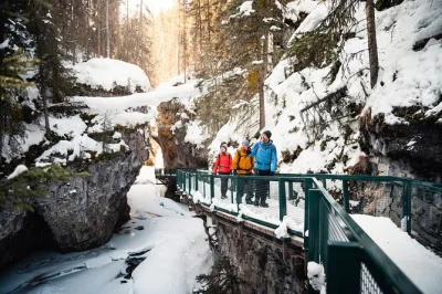 Scopri johnston canyon a banff d’inverno con un’escursione guidata sul ghiaccio. cammina sui passerelle di acciaio, ammira cascate ghiacciate e gusta cioccolata calda e biscotti al acero. tour in 