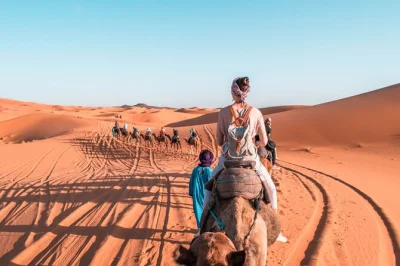 Travel from marrakech to merzouga with a camel trek at sunset, explore kasbah ait ben haddou, and sleep in a berber camp. includes hotel pickup and local guide.