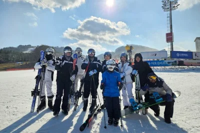 Ride from seoul to yongpyong ski resort for a full day of skiing, beginner lessons, and snowy mountain views. includes hotel pickup, gear options, and local guide.