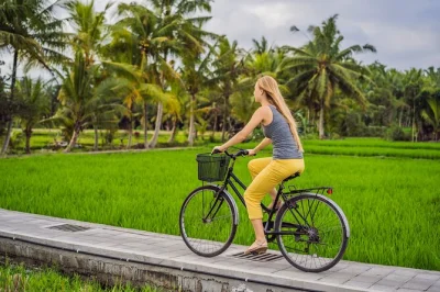 Explore os campos de arroz e vilarejos de ubud de bike com guia local. inclui transfer, equipamentos e almoço balinês. viva a rotina do interior bem de perto.