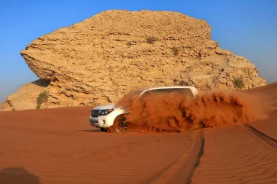 Descubre las dunas rojas de dubái con dune bashing, sandboarding, paseo en camello y una cena bbq con espectáculos en vivo. incluye recogida en hotel y guía local.