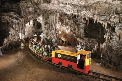 Explora la cueva de postojna en tren eléctrico y visita el castillo de predjama en una excursión guiada desde sistiana. accesible para sillas de ruedas, ideal para familias.