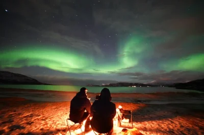 Chase the northern lights from tromsø into the fjords & finnish border, warm up by a bonfire with cinnamon cake, and get your own aurora portrait—pickup included.