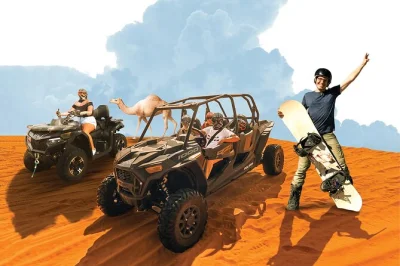 Feel the rush of a dune buggy ride in dubai’s red sands, try sandboarding, enjoy a camel ride, and relax with a bbq dinner under the stars. includes pickup.