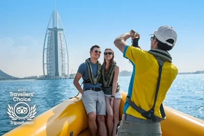 Feel the sea breeze as you cruise dubai marina, circle palm jumeirah, and snap photos of atlantis & burj al arab. includes live guide, bottled water, and life jackets.