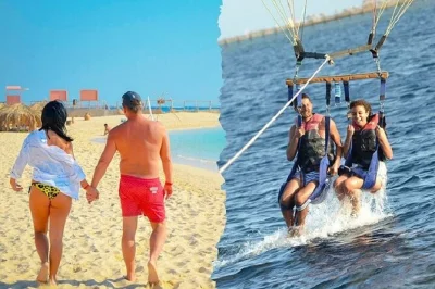 Sinta a areia de orange bay, mergulhe nos recifes do mar vermelho, experimente parasailing e esportes aquáticos perto de hurghada. inclui almoço, transfer do hotel e guia local.