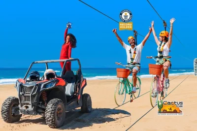 Scopri il lato selvaggio della baja con un giro in utv sulla spiaggia di migriño, pedala sulla sky bike con vista desertica e chiudi con una degustazione di tequila locale. incluso il trasferimento.