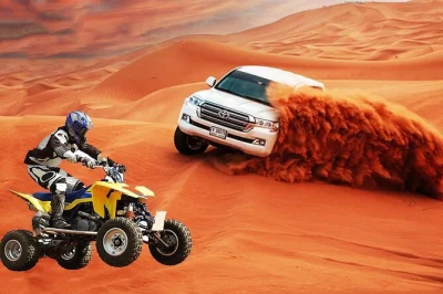 Siente el desierto de dubái en quad, prueba el sandboarding y disfruta una cena bajo las estrellas con shows en vivo. incluye recogida en hotel y guía local para una noche sin preocupaciones.