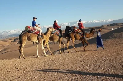 Experience a sunset camel ride in agafay desert with hotel pickup from marrakech. includes guide, bottled water, and return transport. reserve your spot now.