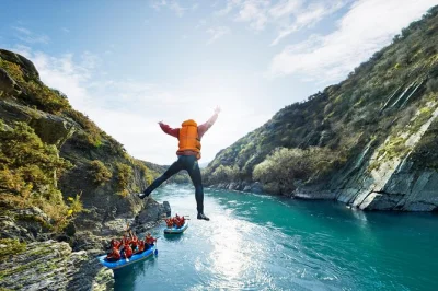 Feel the rush on queenstown’s kawarau river with jet boat spins, whitewater rafting, and optional cliff jumping. includes all gear, safety briefing, and hot showers.