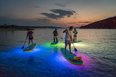 Curta uma noite em split remando em pranchas de sup iluminadas pelo mar e rio, com guia local. inclui traslado, instrução certificada e todo o equipamento.