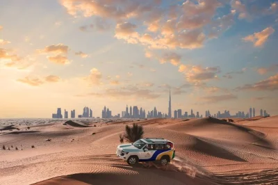 Feel the rush of dubai’s dunes, ride camels at sunset, try sandboarding, and share a bbq feast with live shows. includes hotel pickup and unlimited drinks.