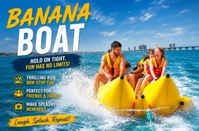 Feel the splash on a group banana boat ride in south padre island. includes uscg life jackets, up to 6 riders, and easy nearby access. book your spot today.