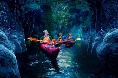 Feel the quiet magic of lake mclaren at dusk, kayak beneath glowworms, taste new zealand cheeses & honey, and paddle with a local guide. includes all gear.
