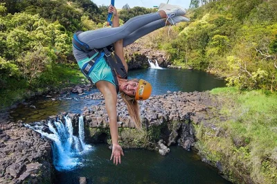 Erlebe den nervenkitzel auf 9 ziplines über den umauma falls und entspanne danach bei privatem schwimmen, kajakfahren und picknick im üppigen big island park auf hawaii. inklusive guide.