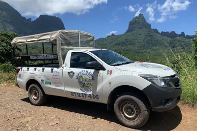 Explore o lado selvagem de moorea em um passeio 4x4 com vistas da magic mountain, plantações de abacaxi, degustação de geleias e transporte incluso. guia local conta histórias durante o trajeto.