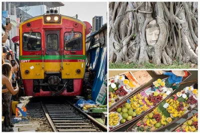 Comece sua aventura em bangkok no mercado ferroviário maeklong, navegue de barco pelo mercado flutuante damnoen saduak e explore os templos antigos de ayutthaya, com transporte incluso.