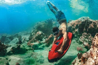 Disfruta la emoción de un scooter seabob sobre los arrecifes de aruba, observa tortugas en tres trapi y flota sobre estrellas de mar. incluye recogida y guía local.