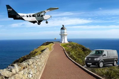 Fly above ninety mile beach, walk to cape reinga lighthouse, and sip coffee at tapotupotu bay. includes pickup in paihia and a small-group guided drive.