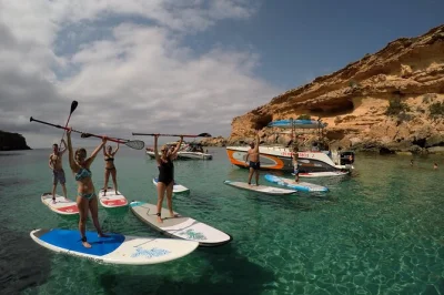 Ibiza, san antonio e costa ovest: tour in barca di 3 ore con lezioni di paddle surf, snorkeling guidato e frutta fresca. include bevande, foto e istruttori locali.