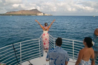 Feel the breeze on a waikiki sunset cruise with byob, light snacks, and local crew. sail past diamond head and city lights. includes drinks, snacks, and easy check-in.