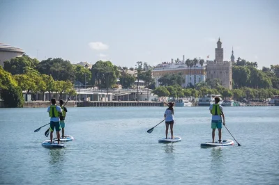 Descubra sevilha pelo rio em um tour de paddle surf, passando pelo colorido de triana, torre del oro e a catedral. inclui equipamento, fotos e guia local.