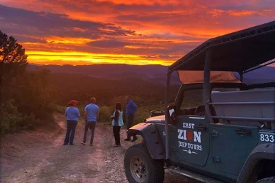 Chase the sunset above zion on a fast-paced jeep ride, pause for snacks & stories at the top, then descend under glowing skies. includes snacks & blankets.