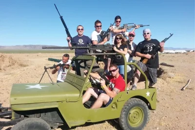 Feel the desert air on a real outdoor shooting range near las vegas, fire military-style weapons, ride atvs to the colorado river, and enjoy pickup plus a classic burger lunch.
