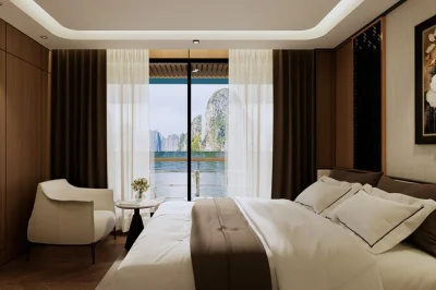 Baie d’halong & lan ha, falaises karstiques, kayak dans des lagons secrets, atelier cuisine vietnamienne et suite avec balcon privé. transfert inclus.