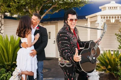 Feel the fun of las vegas with an elvis-themed wedding or vow renewal at graceland chapel, including limo pickup, flowers, and a serenade from the king himself.