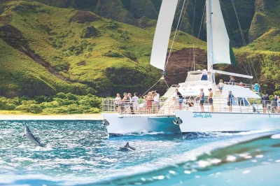 Inizia la tua giornata a kauai con una crociera lungo la na pali coast, snorkeling, pranzo in stile isolano e drink locali—attrezzatura inclusa, equipaggio esperto e tanto divertimento.