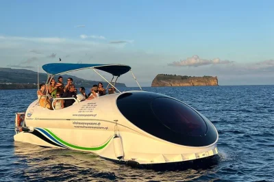Descubra a vida marinha de são miguel nos açores com passeio de barco de fundo de vidro e snorkel nas águas cristalinas da ilha de vila franca do campo, guiado por uma bióloga local. equipamento i