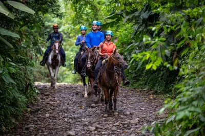 Feel the rainforest on horseback from arenal to la fortuna waterfall, cross a hanging bridge, swim below the falls, and meet maleku locals. includes hotel pickup.