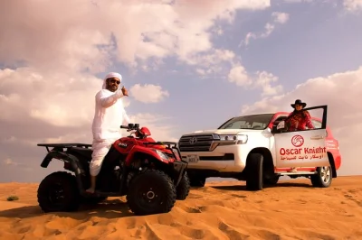 Feel the rush of quad biking in dubai’s lehbab desert, try sand boarding, ride camels, and unwind with arabic coffee and sweets. includes hotel pickup.