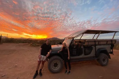 Feel the sonoran desert come alive on a bumpy sunset jeep tour from scottsdale, with local guides, panoramic lookout stop, and bottled water included.