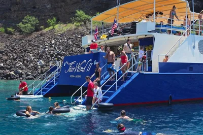 Glissez au-dessus des récifs de la baie de kealakekua, plongez depuis le bateau et savourez de l’ananas local, le tout avec un guide et un départ en après-midi depuis kona. matériel de snorkelin