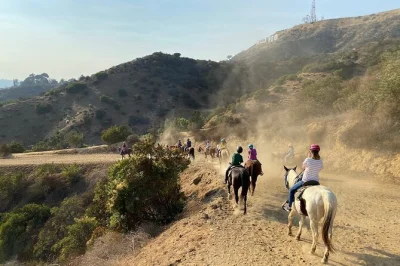 Explore griffith park a cavalo pela mulholland trail, com vistas incríveis do letreiro de hollywood, skyline de la e o pacífico. capacete incluso.