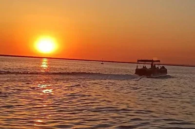 Ría formosa en faro, atardecer dorado, aguas tranquilas y las historias de un patrón local. tour en catamarán con chalecos salvavidas y accesible para cochecitos.