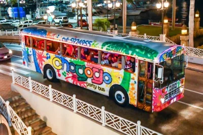 Siente la energía de la vida nocturna en aruba con un party bus, dj en vivo, cócteles aruba ariba ilimitados y paradas en los mejores bares. incluye recogida en hotel y animador local.