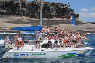 Feel the ocean breeze on a tenerife catamaran tour, spot wild dolphins & whales, enjoy free drinks, and sail back along the coast. departs puerto colon, easy booking.