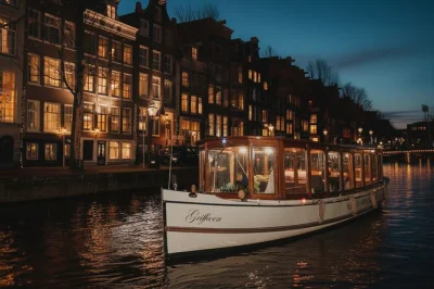 Navegue pelos canais de amsterdam à noite com guia ao vivo, bar a bordo e petiscos típicos. cruzeiro de 2 horas com fácil acesso no centro para uma noite tranquila.