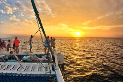 Admirez le coucher de soleil à maui depuis l’eau avec bar ouvert, tapas locaux et observation des baleines (selon saison). musique live certains soirs et embarquement facile sur la plage.