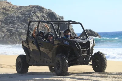 Feel the baja air as you ride a quad utv from migrino desert to pacific beaches, with stops for photos, ancient cactus, and tequila tasting. includes pickup.