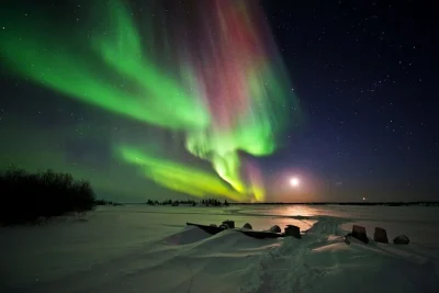 Chase the northern lights from yellowknife by bus, stopping at lakes for reflective views. includes hotel pickup, warm drinks, snacks, and aurora photos.