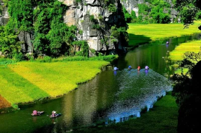 Experience tam coc caves by boat, cycle through rice fields, and share a home-cooked meal with a vietnamese family on this ninh binh day trip from hanoi.