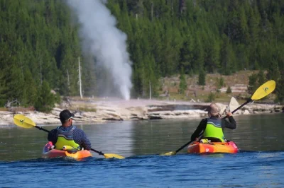 Float past steaming geysers on yellowstone lake, kayak to west thumb with a small group, and enjoy lunch on a quiet obsidian beach. includes snacks and local guide.