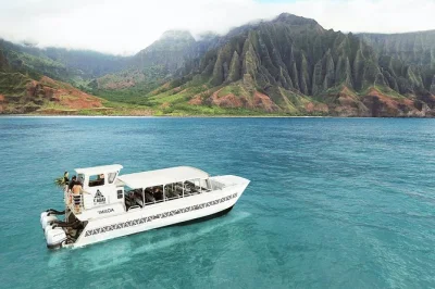 Scopri la costa nā pali di kauai in catamarano veloce, con snorkeling tra tartarughe e delfini, pranzo incluso, bevande e guide locali—attrezzatura fornita.